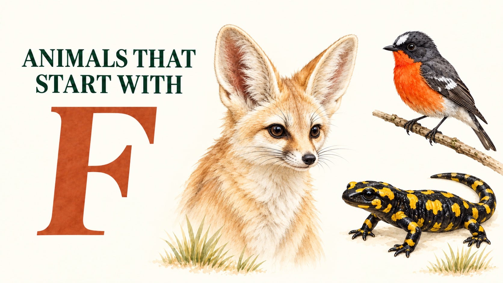 Animals that start with F: field-guide illustrations of Fennec Fox, Flame Robin, Fire Salamander