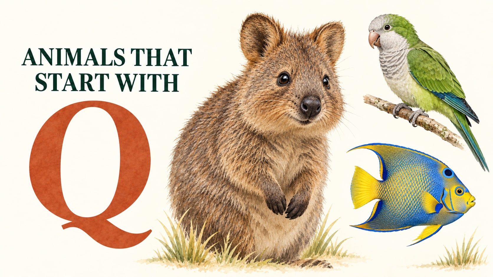 Animals that start with Q: field-guide illustrations of Quokka, Quaker Parrot, Queen Angelfish