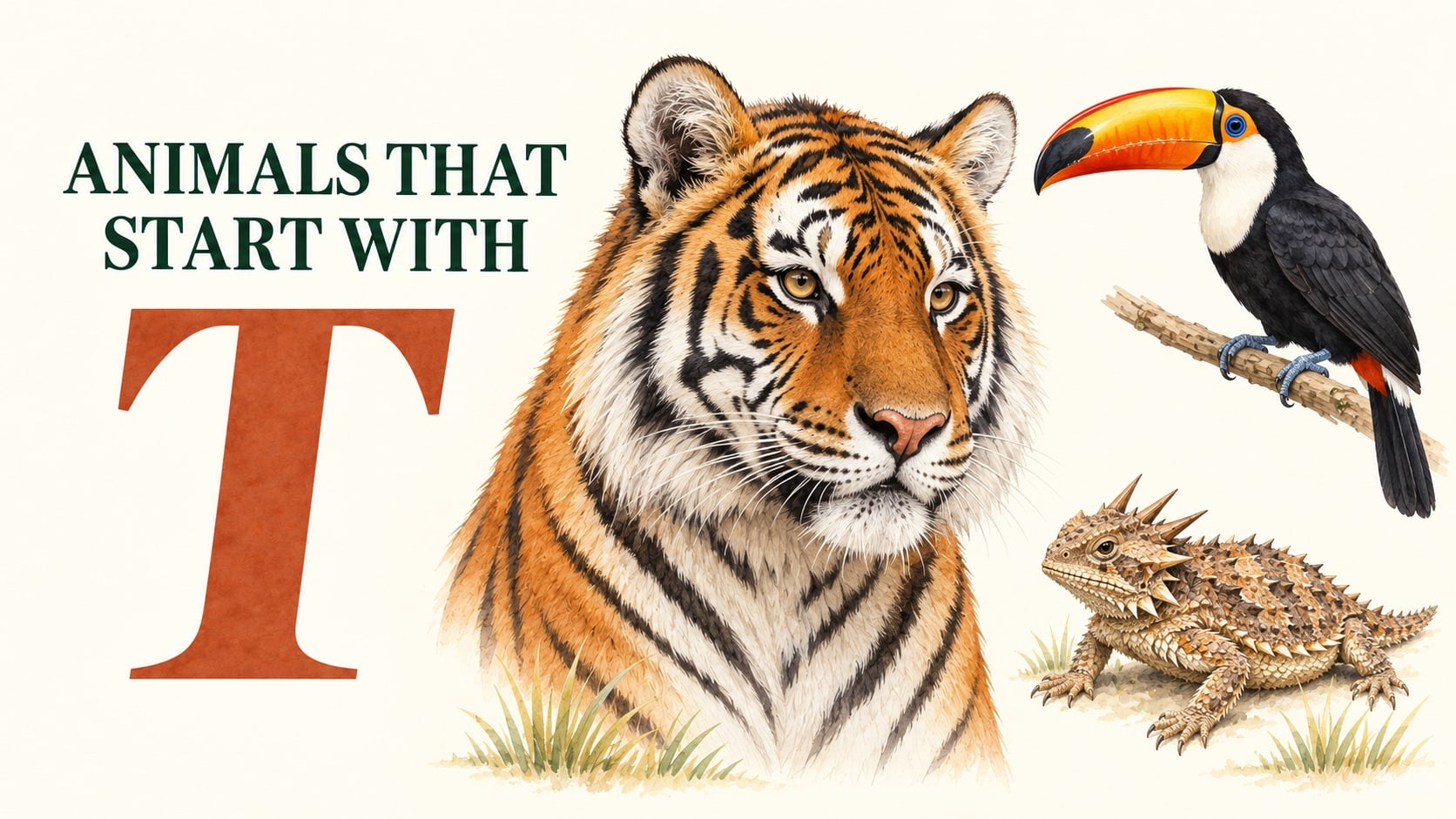Animals that start with T: field-guide illustrations of Tiger, Toco Toucan, Texas Horned Lizard