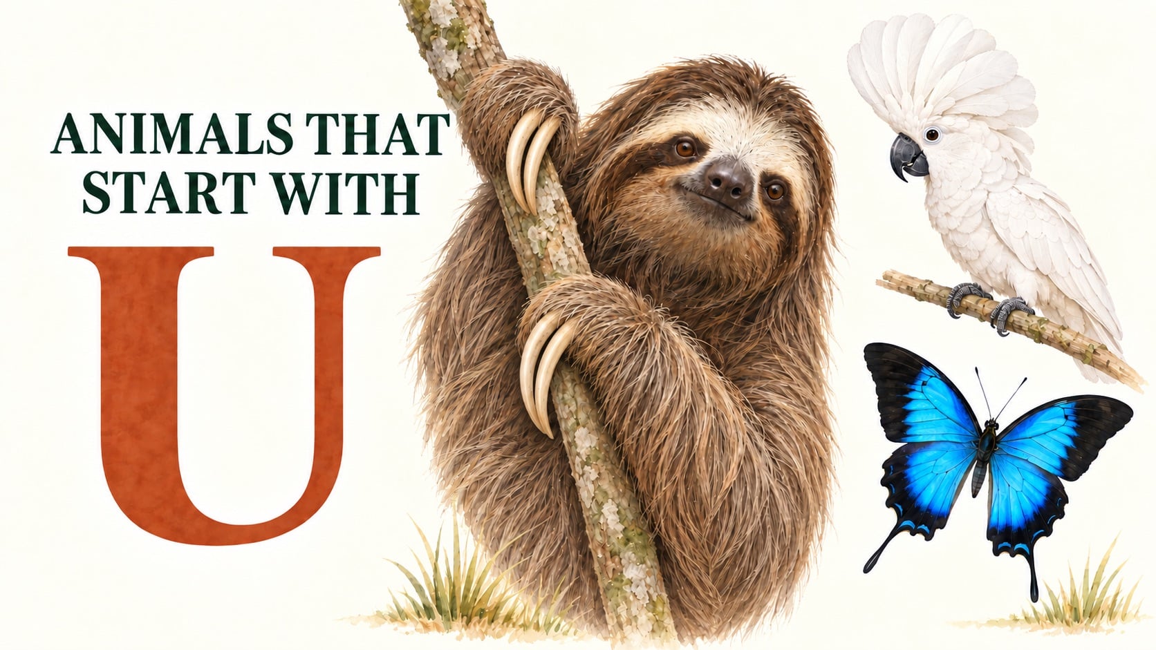 Animals that start with U: field-guide illustrations of Unau, Umbrella Cockatoo, Ulysses Butterfly