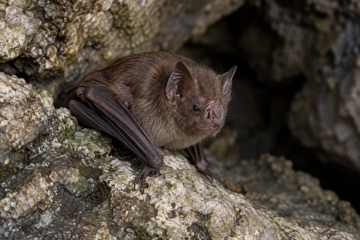 Common vampire bat with folded wings resting on cave rock