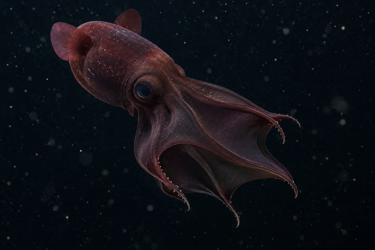 Reddish vampire squid with webbed arms drifting in dark water