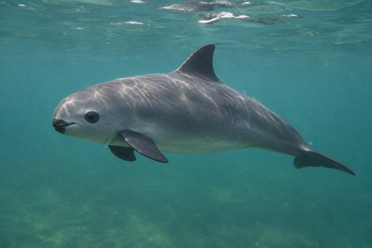 Vaquita porpoise showing dark eye patches and a blunt head below the water surface