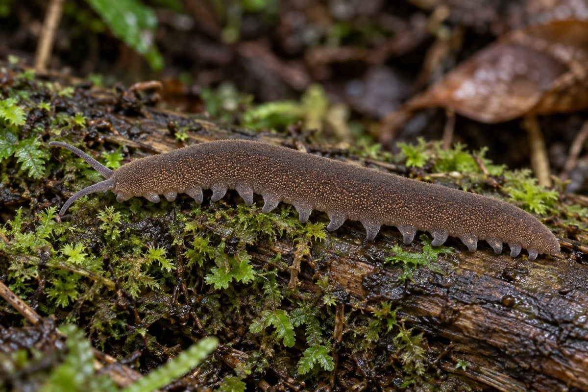 Brown velvet worm crawling over damp moss and decaying wood