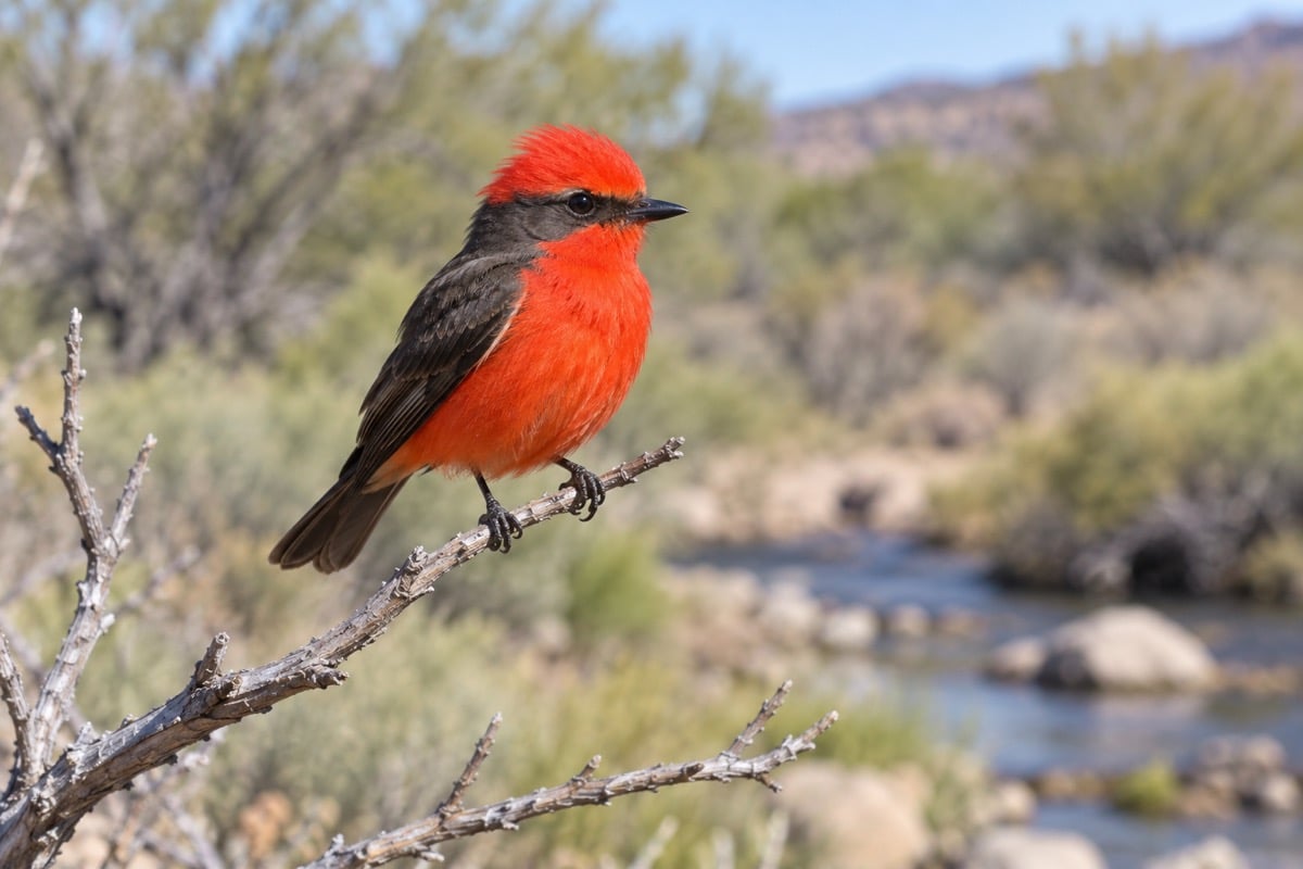 Male vermilion flycatcher with red plumage perched on a desert shrub