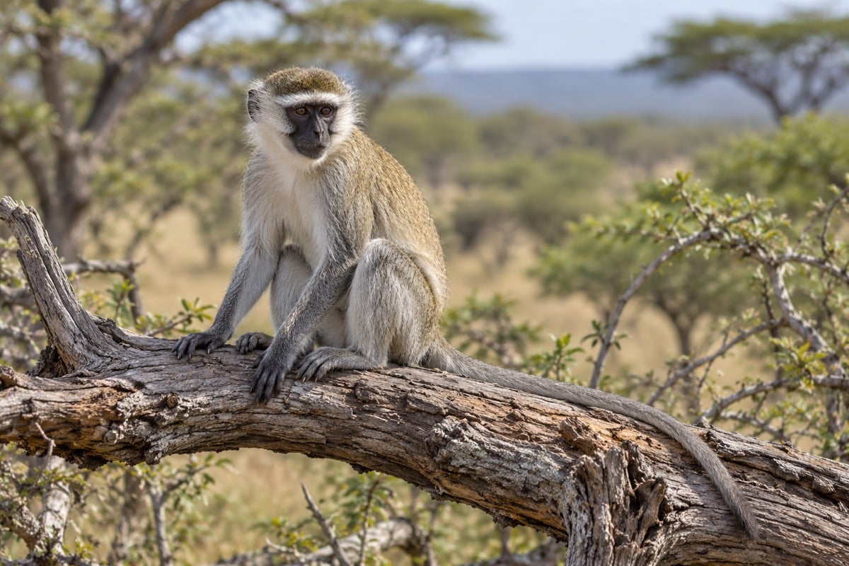 Vervet monkey with a black face and pale cheek fur sitting in open woodland