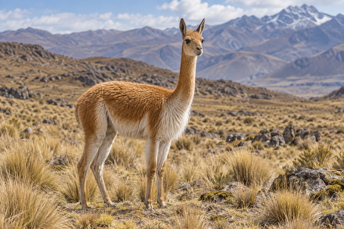 Vicuña standing in dry Andean grassland beneath distant mountains