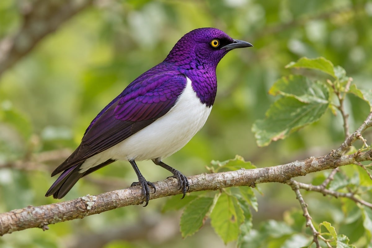 Male violet-backed starling with purple upperparts and a white belly on a branch
