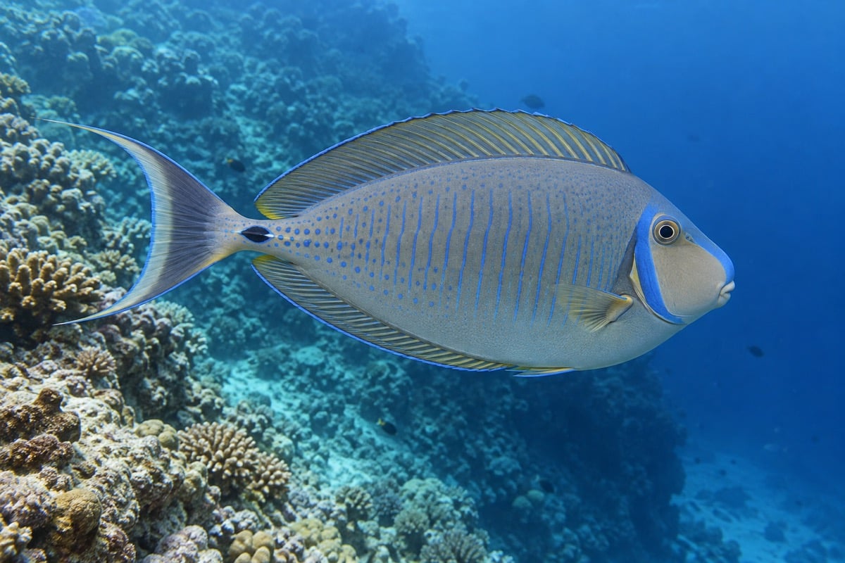Adult Vlamingii tang with blue markings and a rounded snout swimming beside a reef
