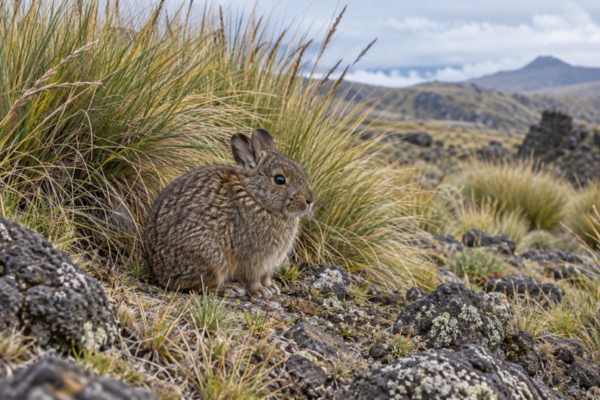 Small volcano rabbit with rounded ears sitting beside zacaton bunchgrass