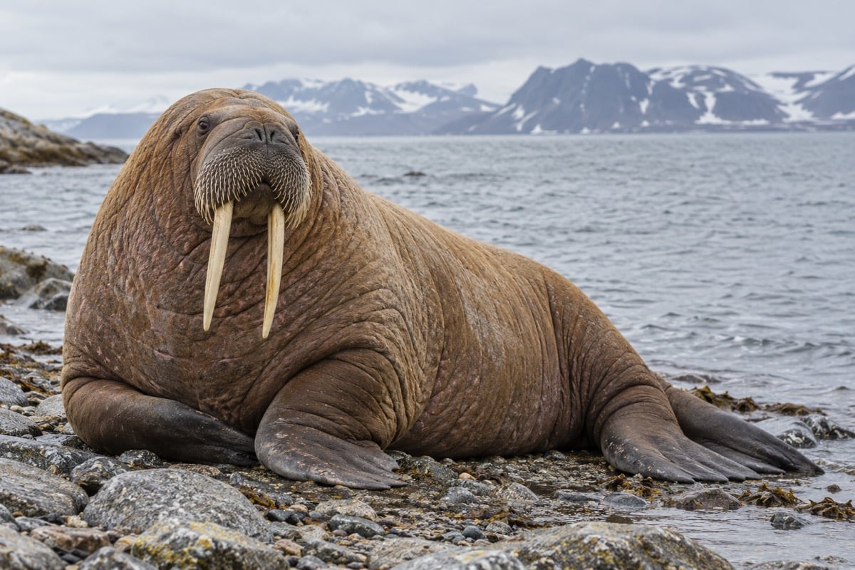 Pacific walrus with long tusks and thick whiskers resting on an Arctic shoreline