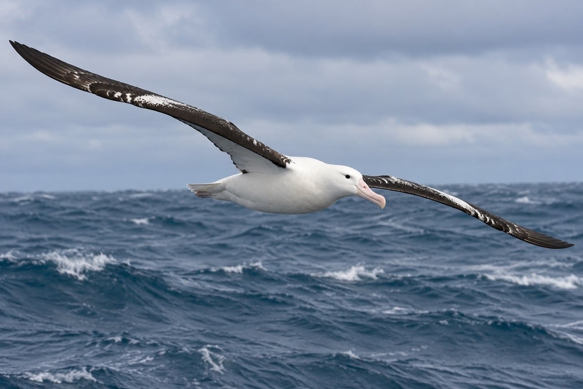 Adult wandering albatross gliding over Southern Ocean waves on long outstretched wings