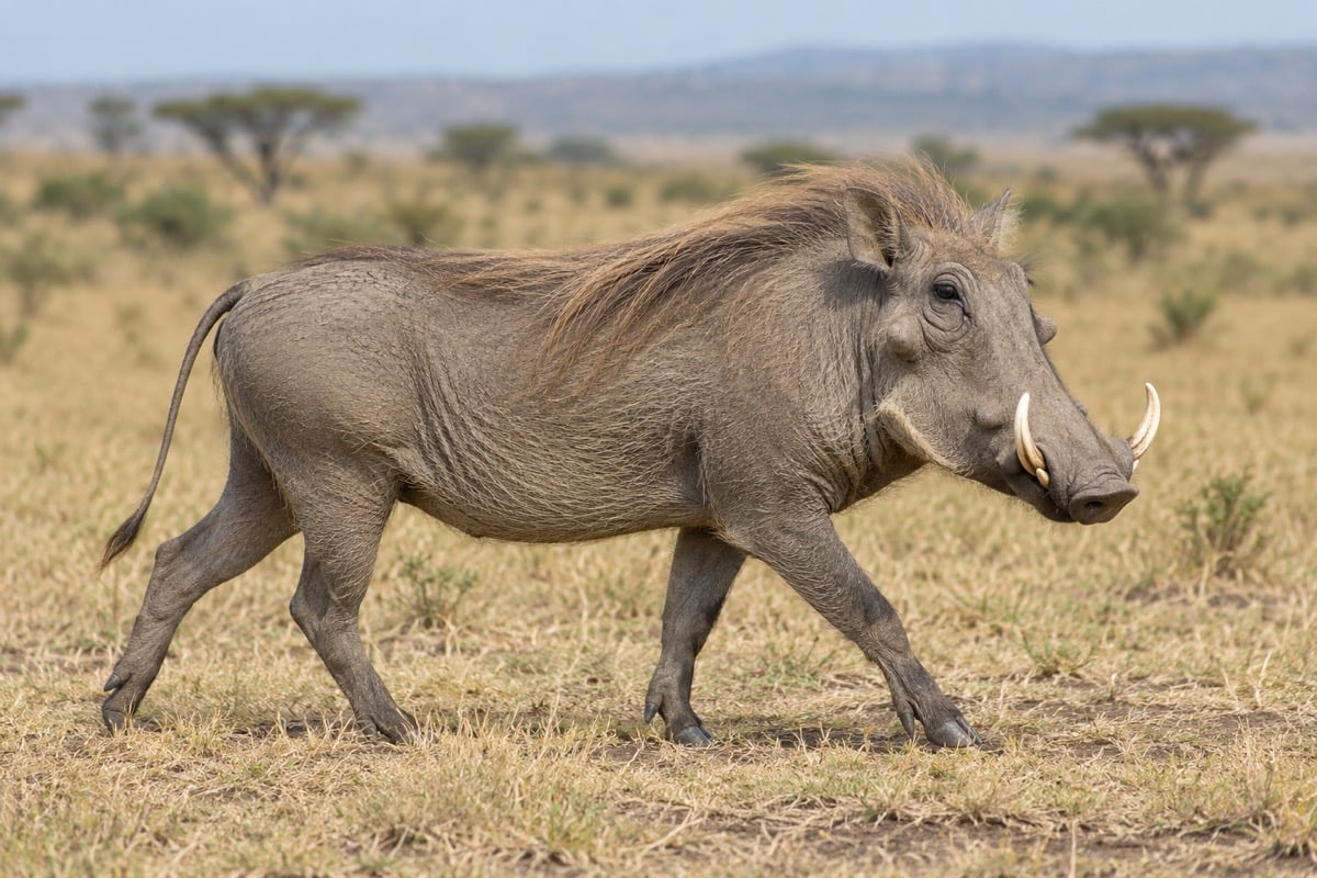 Common warthog with curved tusks and a coarse mane walking through dry savanna