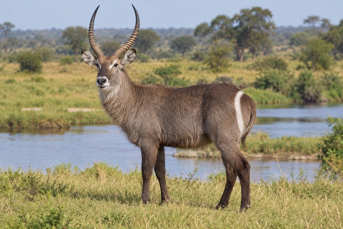 Male common waterbuck with curved ridged horns standing in grass near water