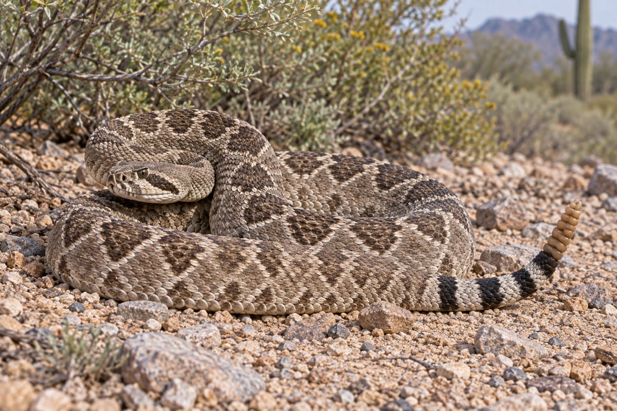 Western diamondback rattlesnake showing diamond markings and a black-and-white banded tail on desert ground