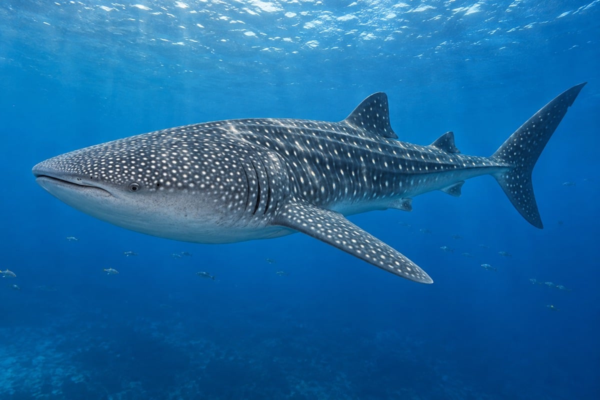 Whale shark with pale spots and a broad head swimming through blue tropical water