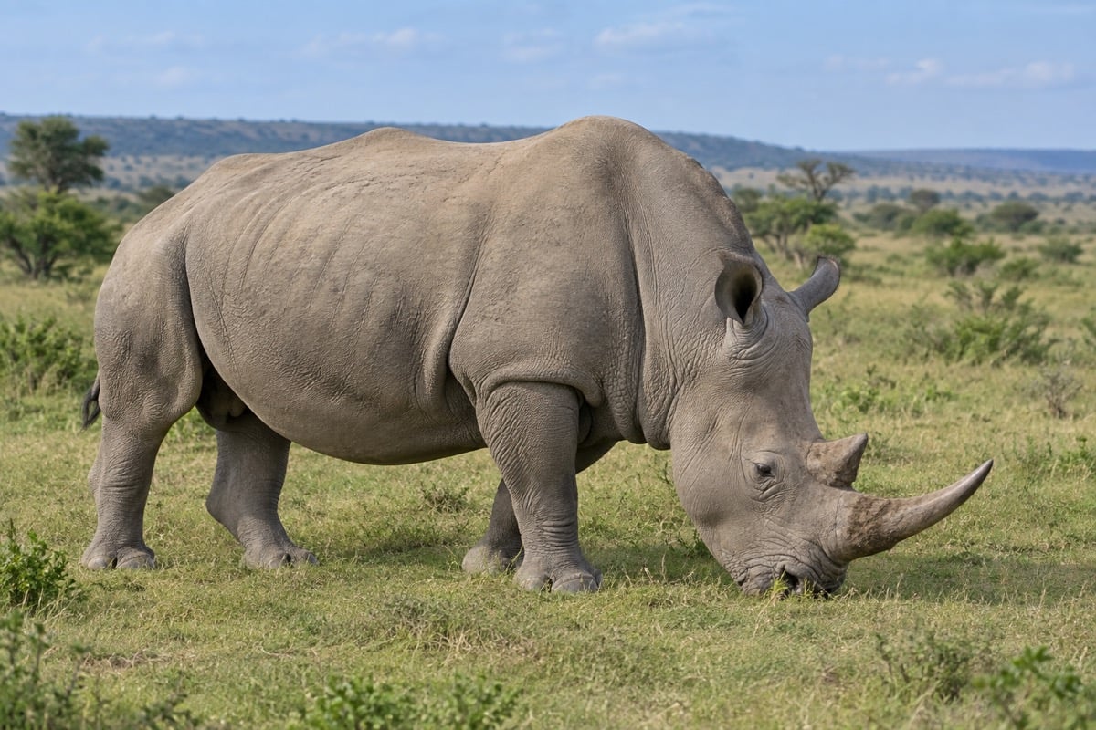Southern white rhinoceros with a broad square muzzle and two horns grazing in open grassland