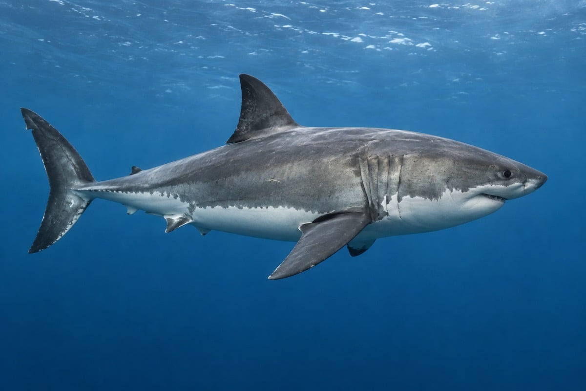 White shark with a gray back and white underside swimming in open blue water