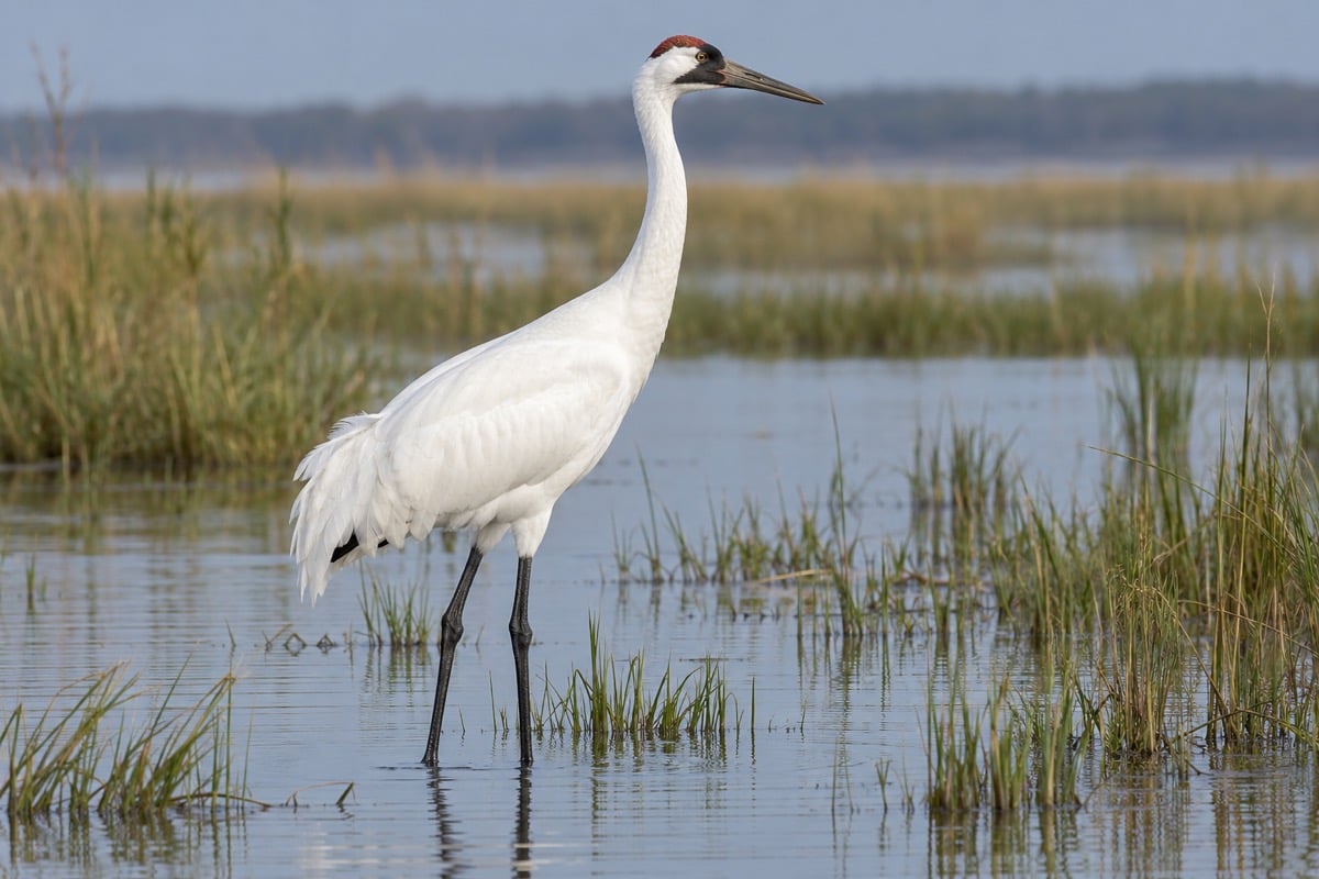 Adult whooping crane with white plumage and a red crown standing in a shallow marsh