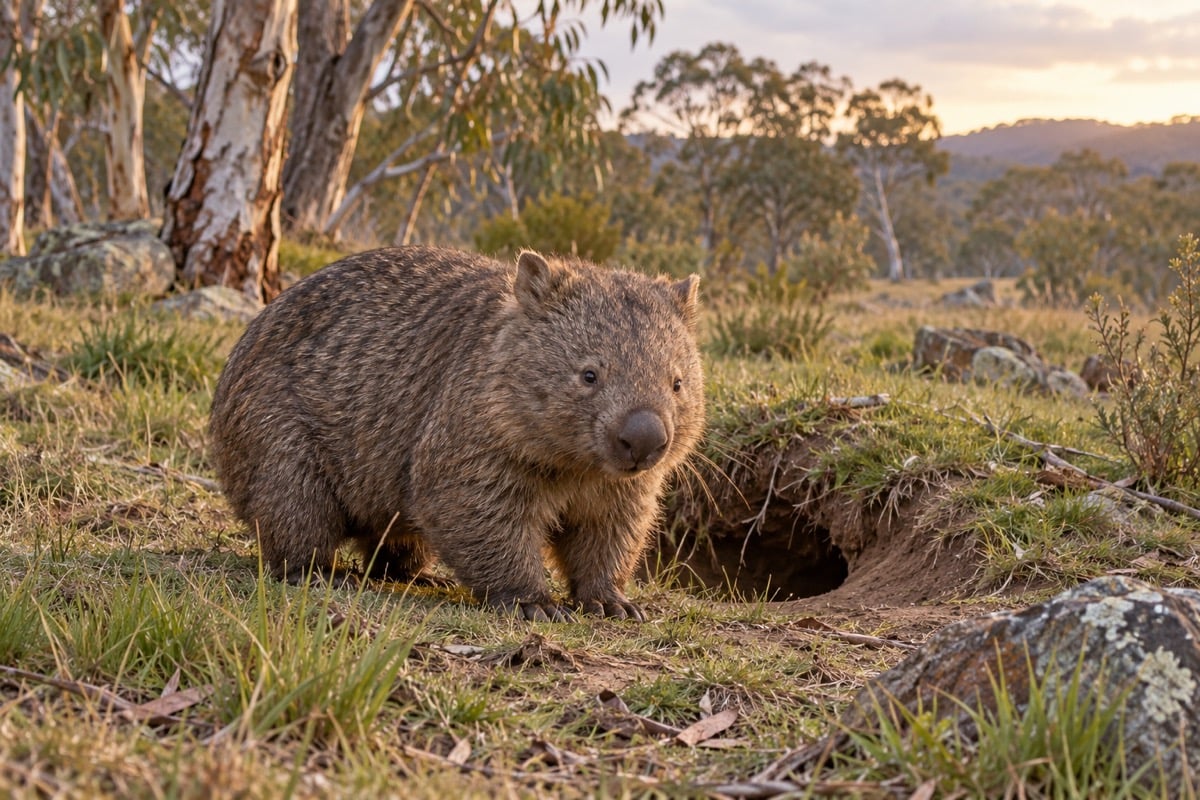 Bare-nosed wombat with a broad hairless nose standing beside a burrow in eucalyptus woodland