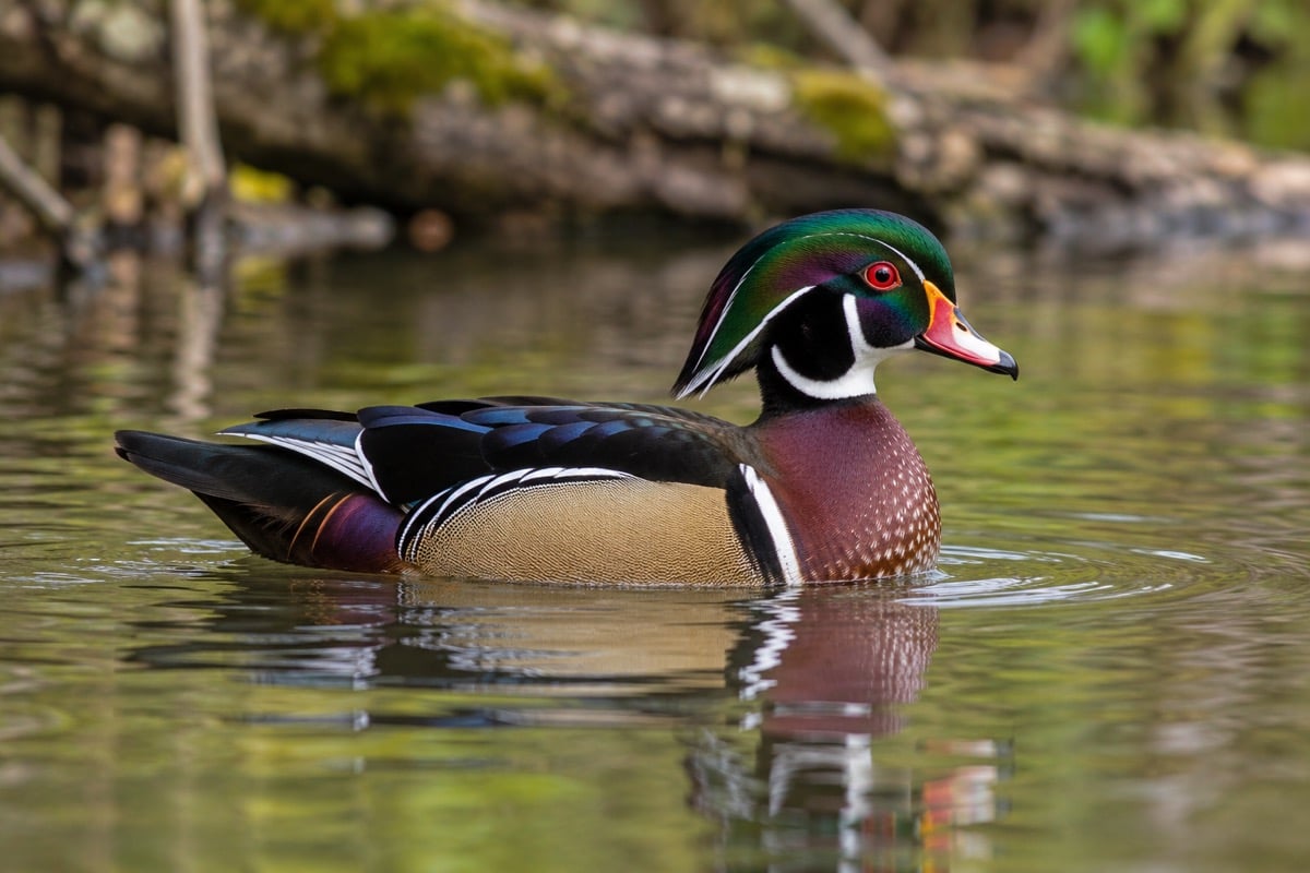 Male wood duck with a green crest and white facial stripes floating on a woodland pond