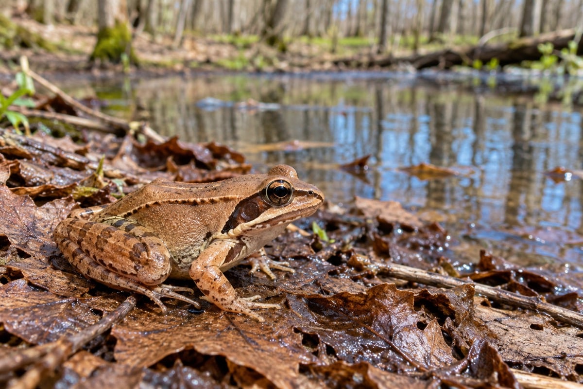 Brown wood frog with a dark eye mask resting on damp leaves beside a woodland pool