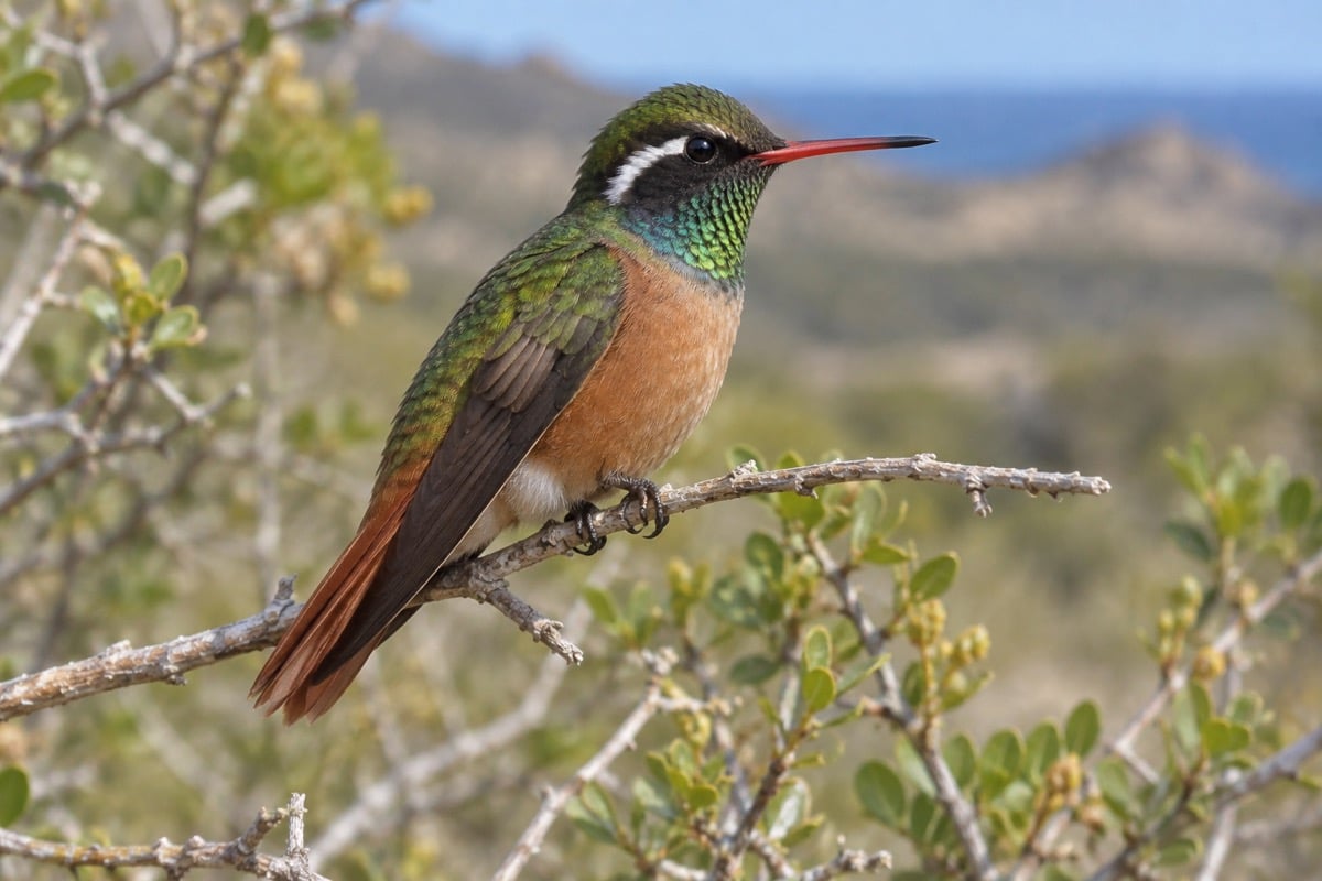 Male Xantus’s hummingbird with a white eye stripe, red bill and cinnamon belly on a branch