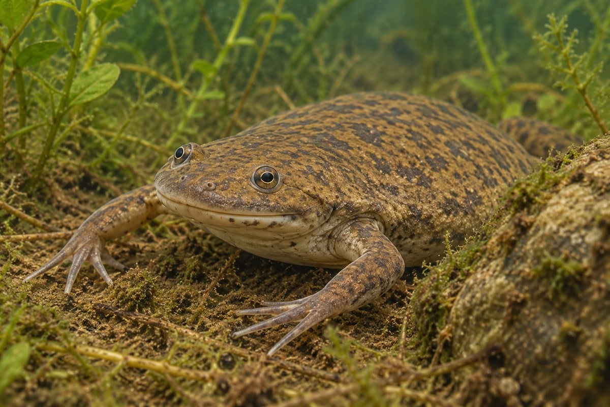 African clawed frog with a broad flattened head and olive-brown mottled skin resting underwater