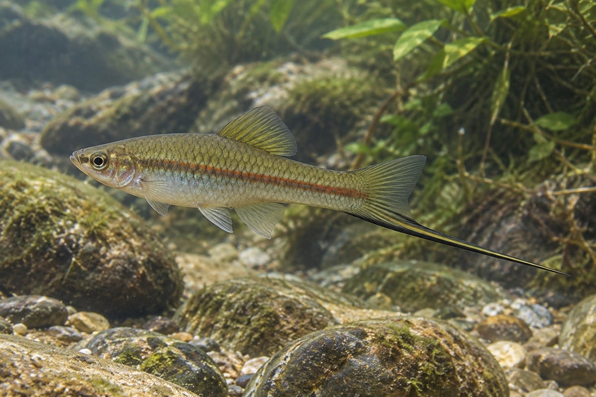 Wild-type male green swordtail with a reddish side stripe and a long lower tail-fin extension