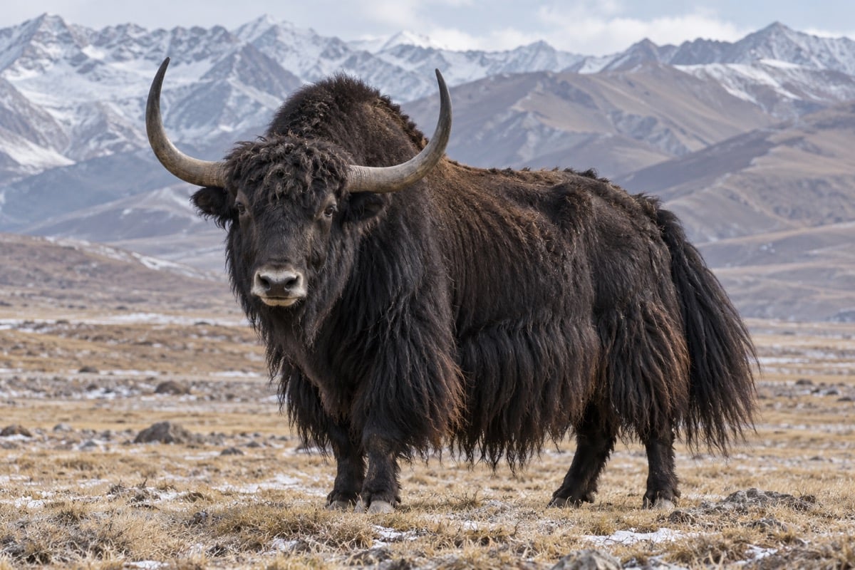 Dark shaggy wild yak with curved horns standing on the Tibetan Plateau