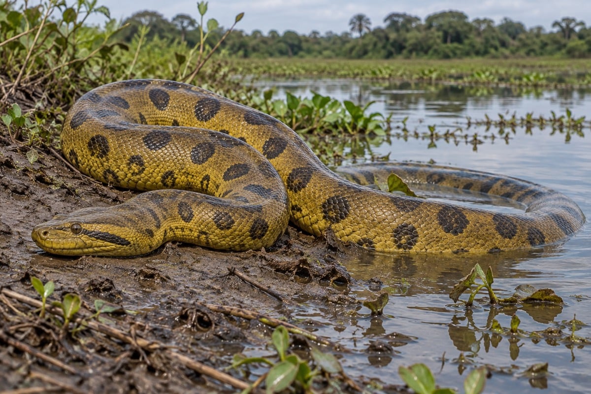 Yellow anaconda with dark blotches resting on a muddy wetland bank
