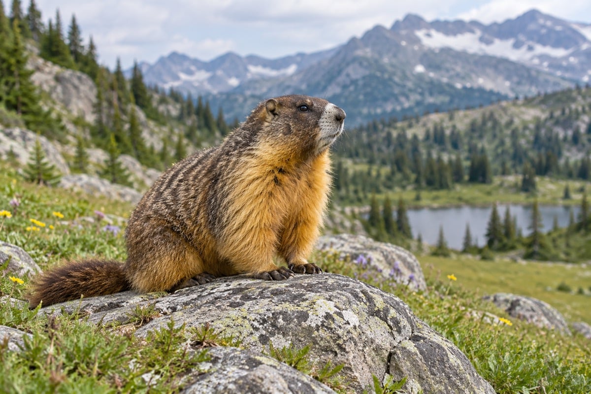Yellow-bellied marmot with a golden underside sitting on a rock in a mountain meadow