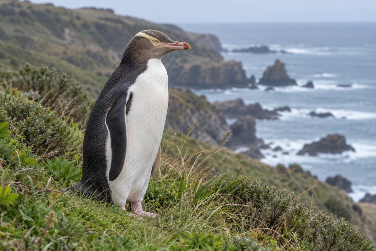 Yellow-eyed penguin showing pale eyes and a yellow head band on a New Zealand coast