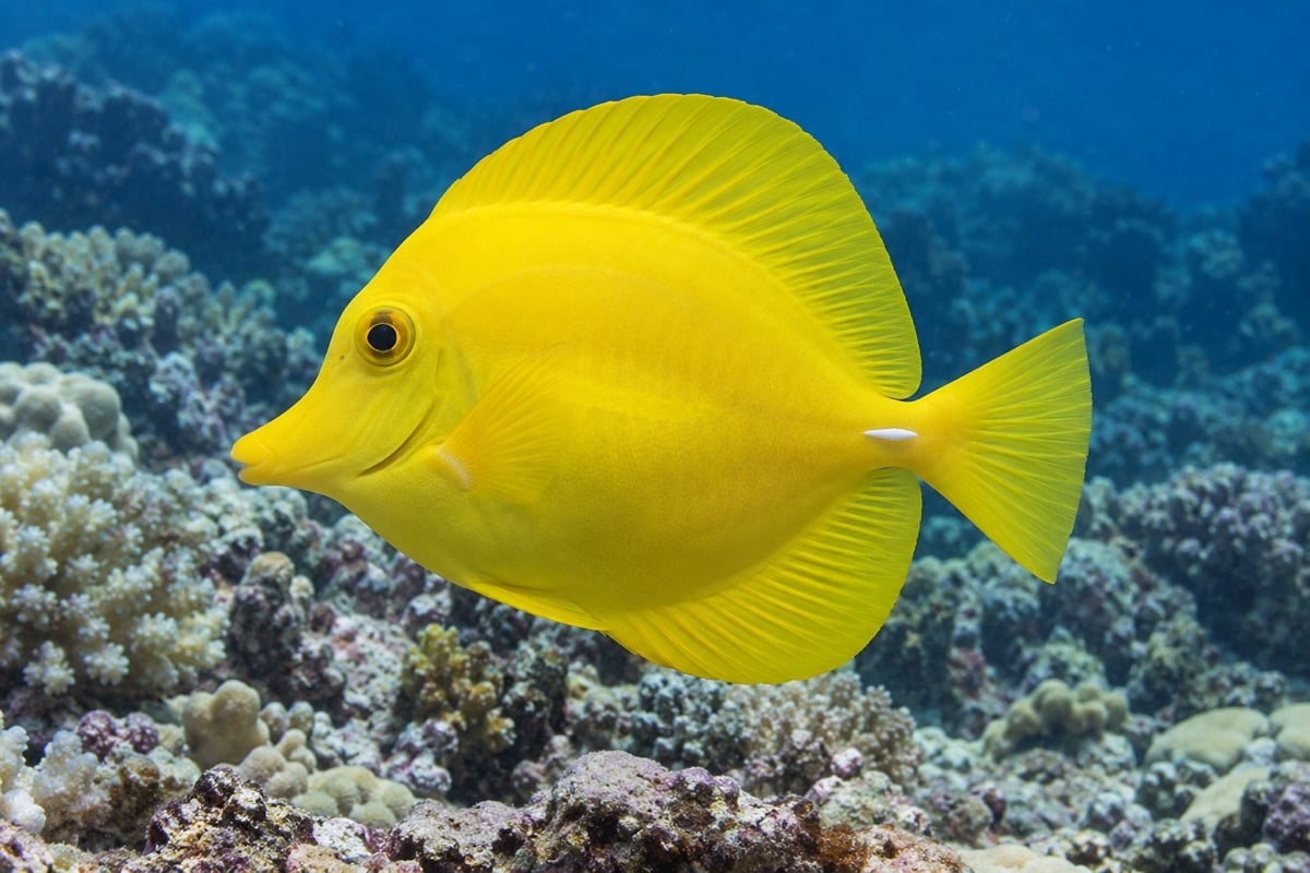 Bright yellow tang with a white tail-base spine swimming above a coral reef