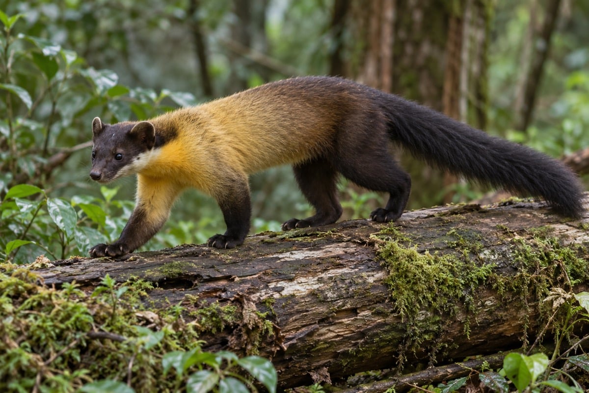 Yellow-throated marten with a golden chest and long dark tail walking on a forest log