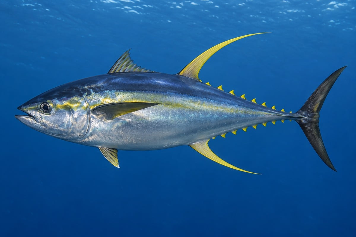 Yellowfin tuna with long yellow dorsal and anal fins swimming in open ocean water