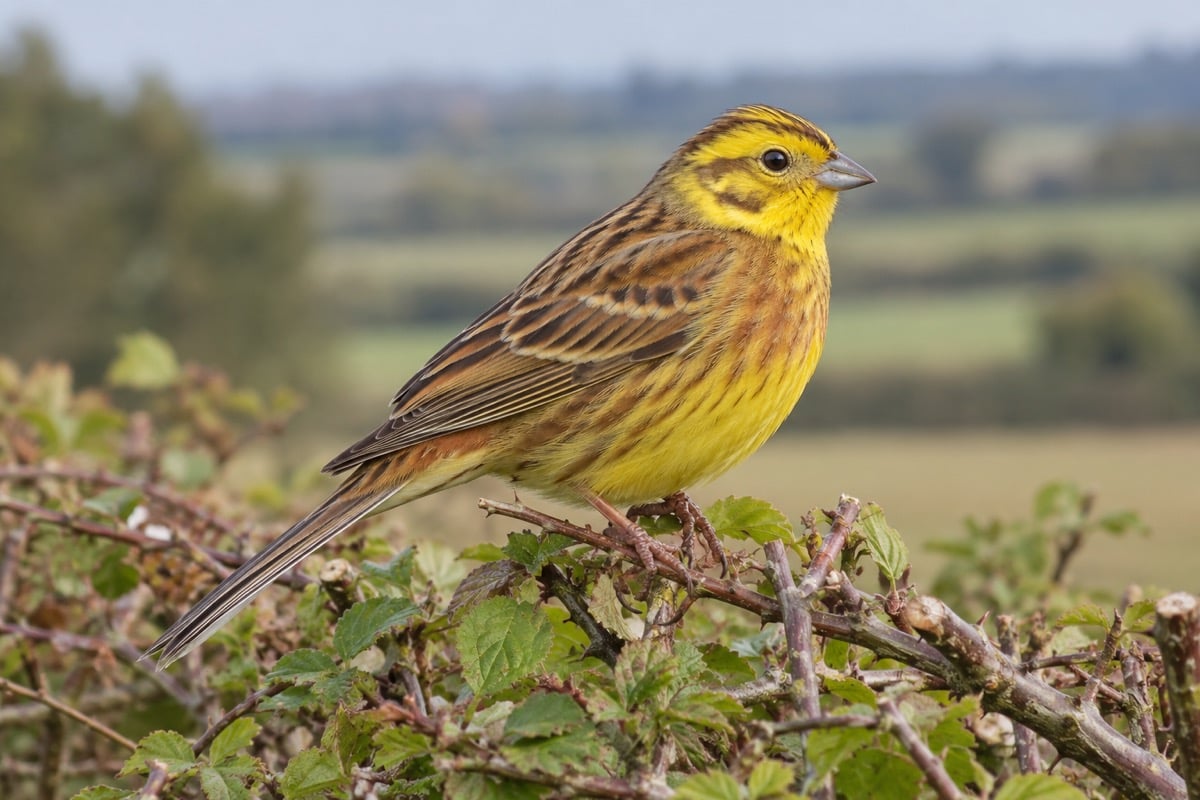 Male yellowhammer with a bright yellow head and streaked brown wings on a hedge branch