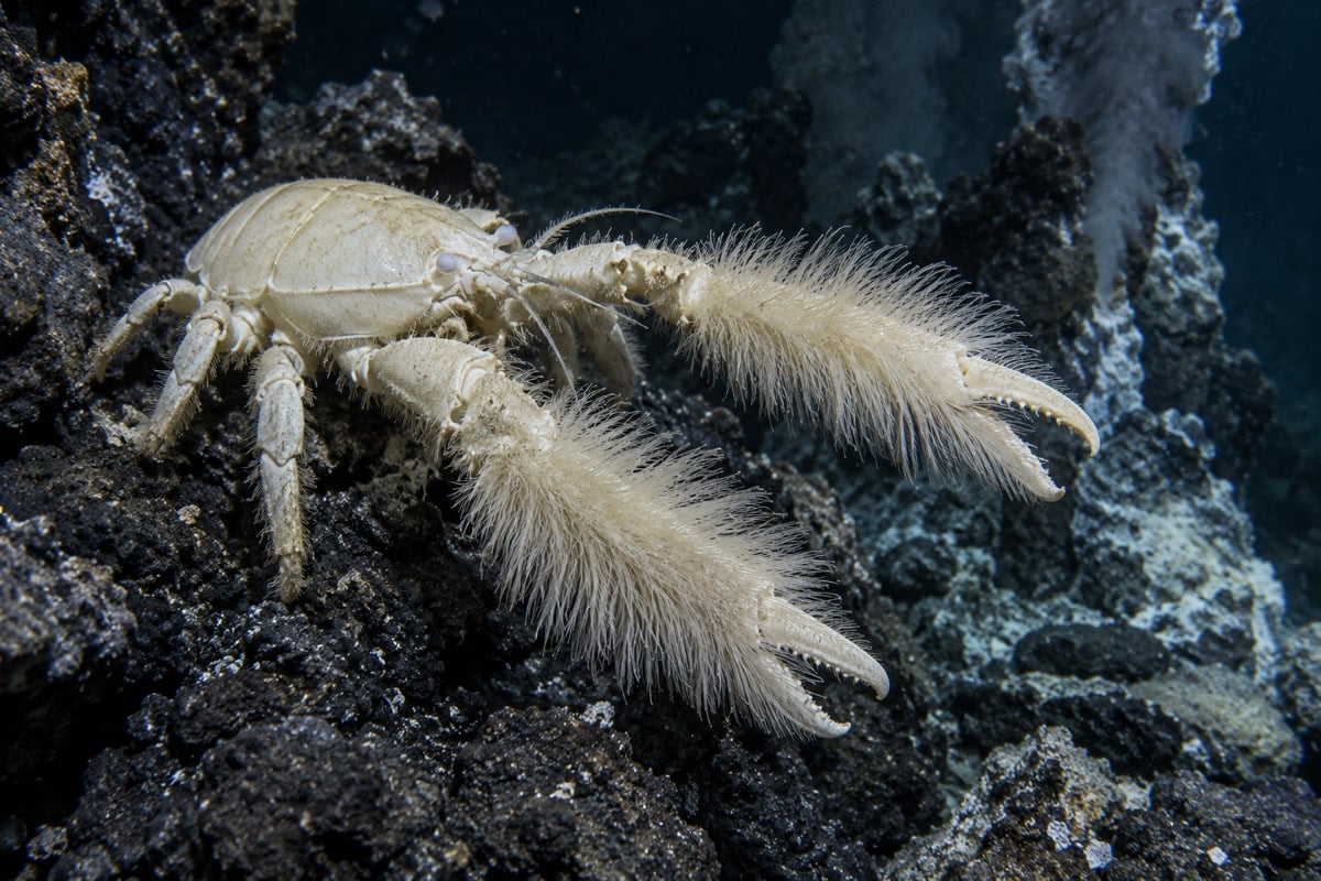 Pale yeti crab with bristly claw-bearing arms on a dark deep-sea rocky seabed