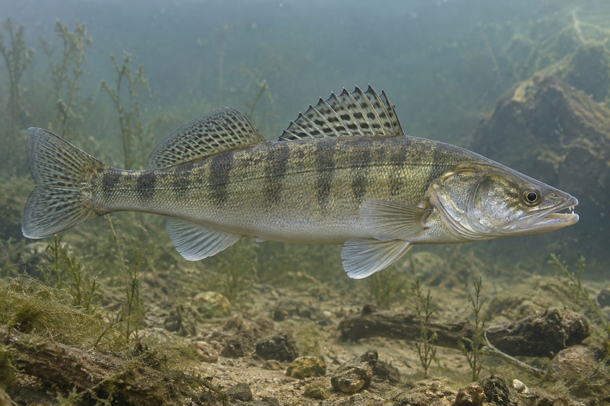 Zander with two dorsal fins and dark vertical bars swimming in a freshwater lake