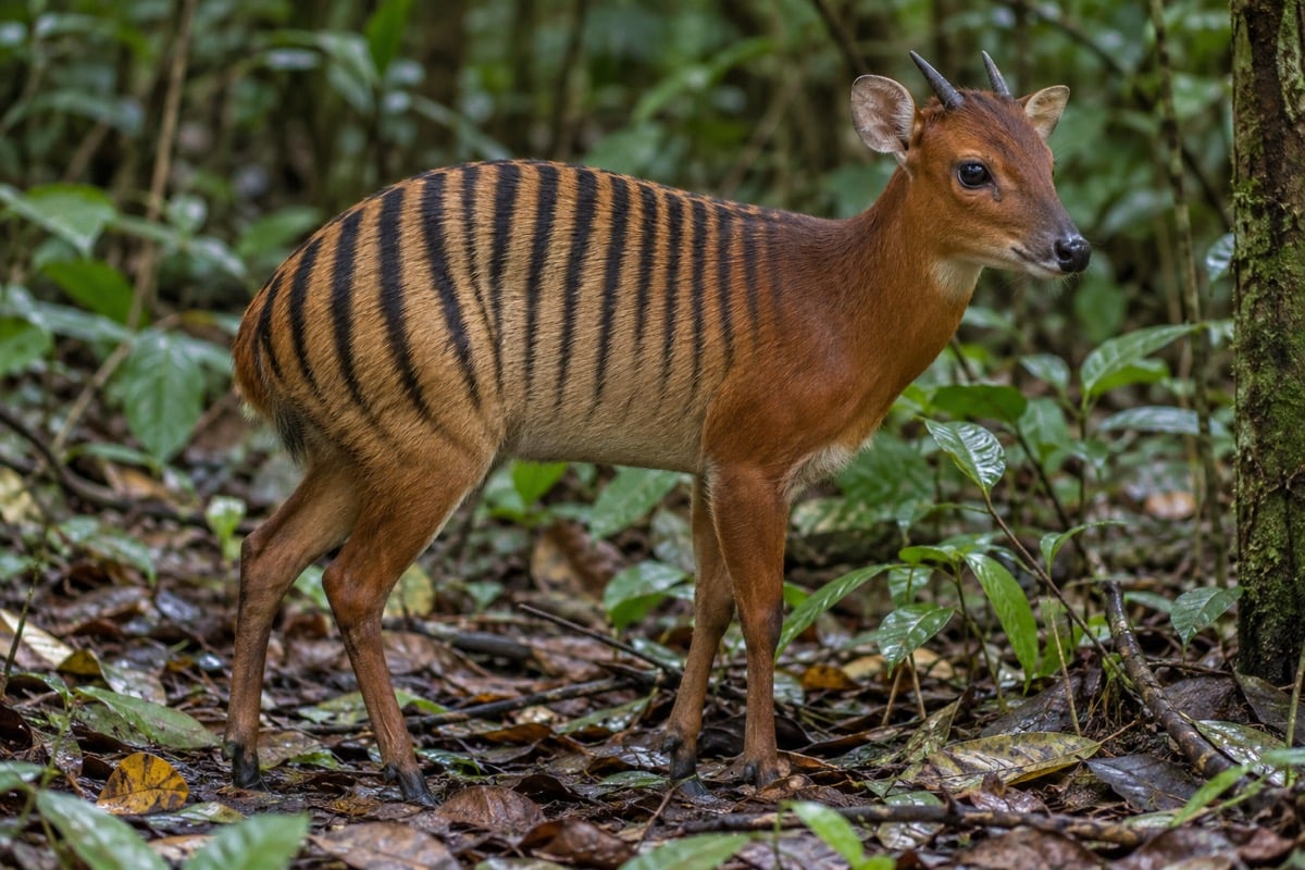 Zebra duiker with a chestnut head and dark bands across its torso standing on a forest floor