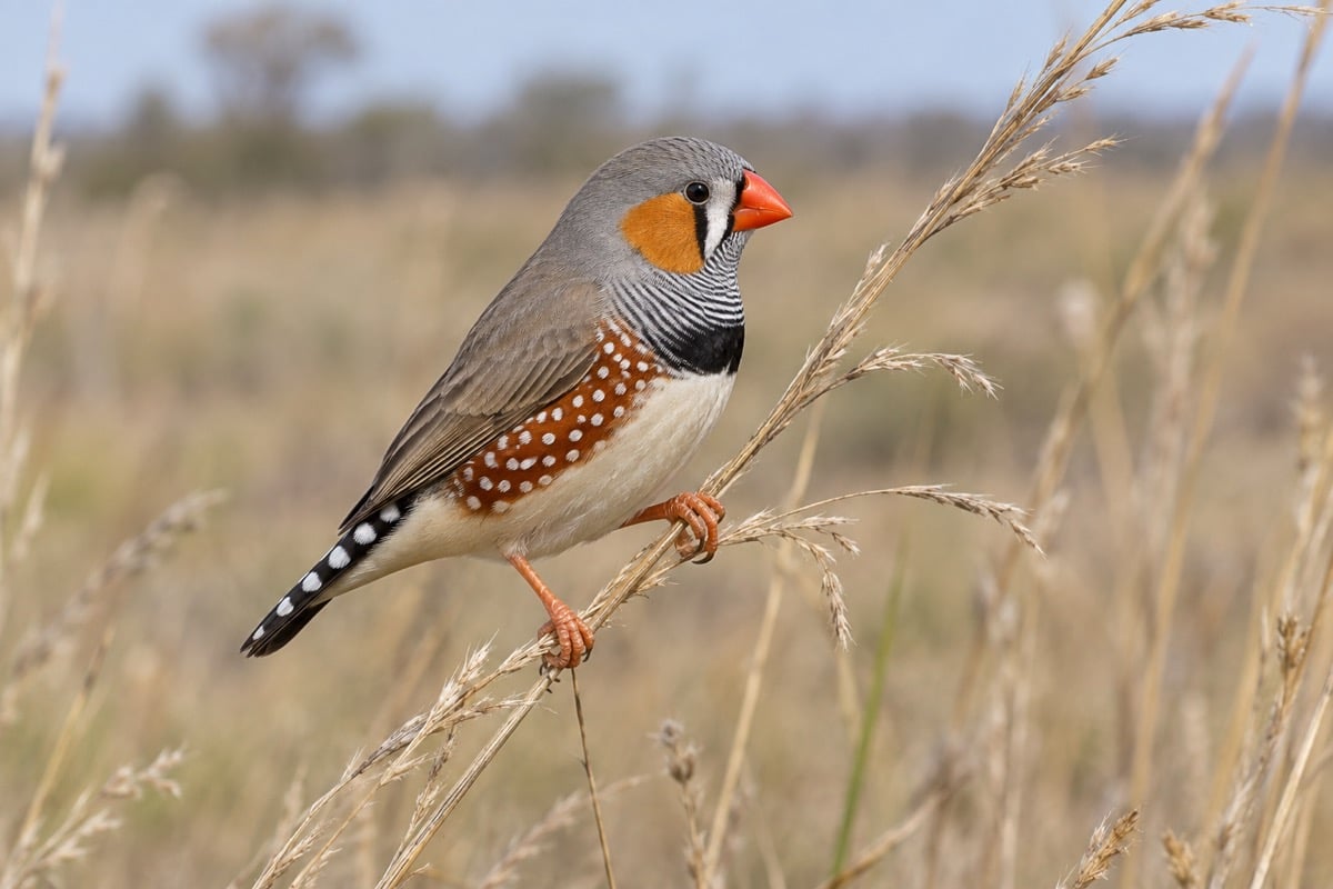 Male Australian zebra finch with orange cheek patches and a barred throat perched on grass
