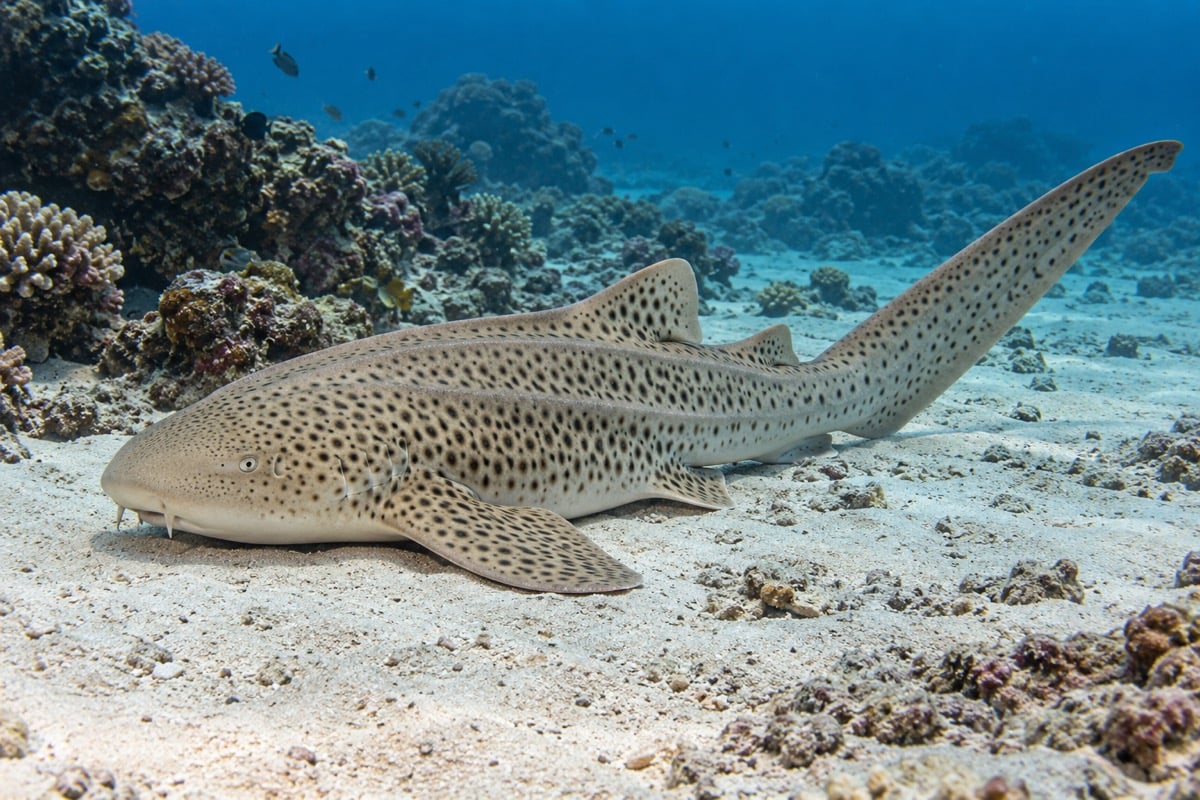 Adult zebra shark with dark spots and a very long tail resting beside a coral reef