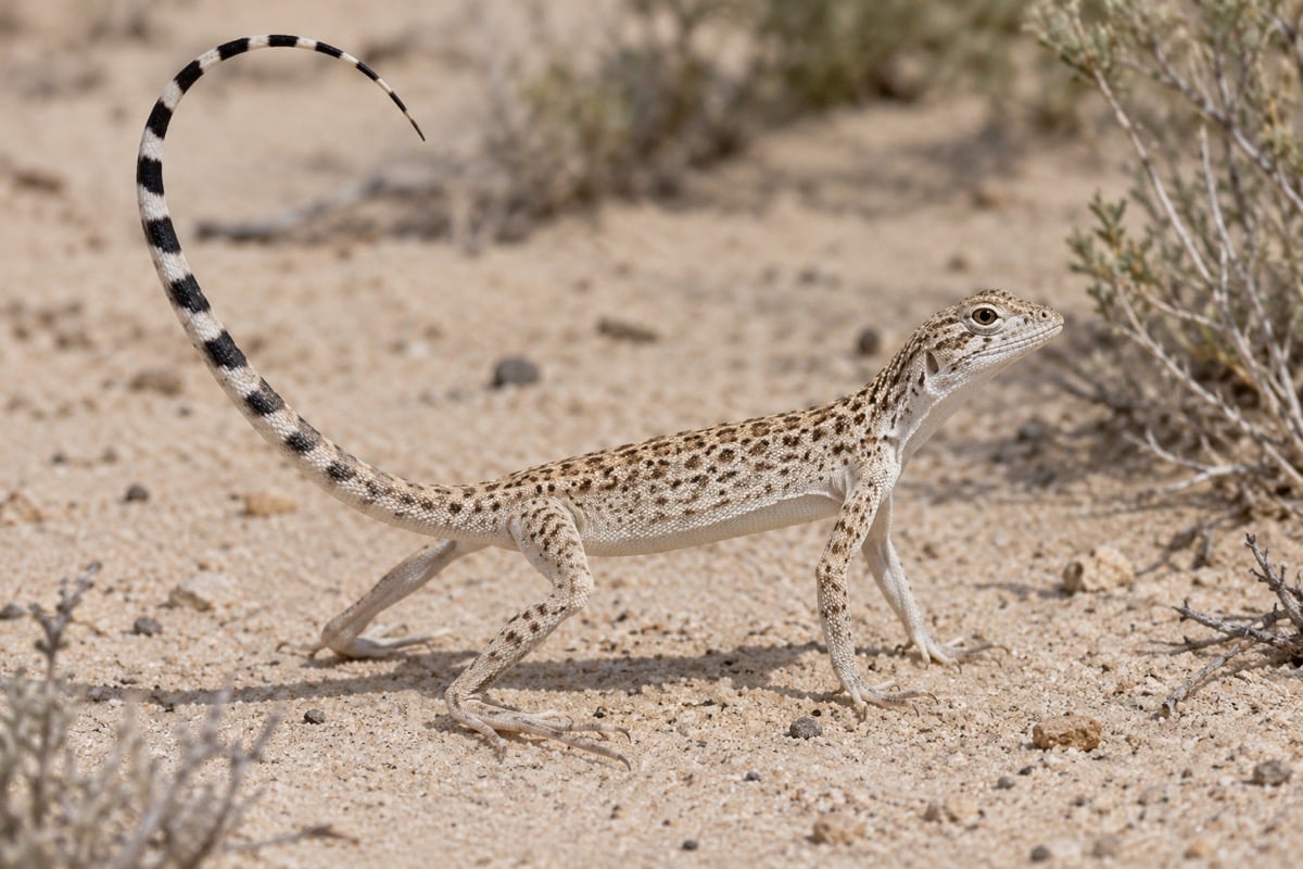 Pale zebra-tailed lizard on desert sand with its banded tail curled upward