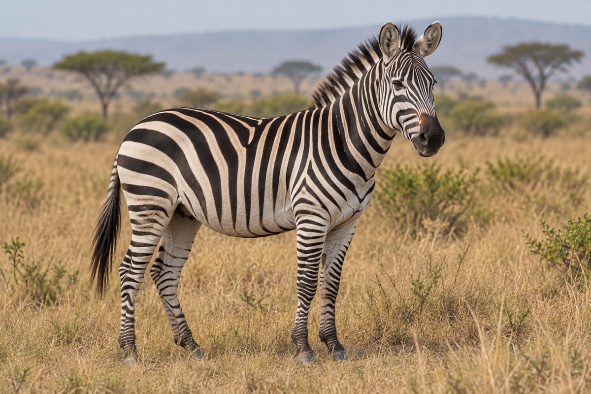 Plains zebra with broad black-and-white stripes standing in African savanna