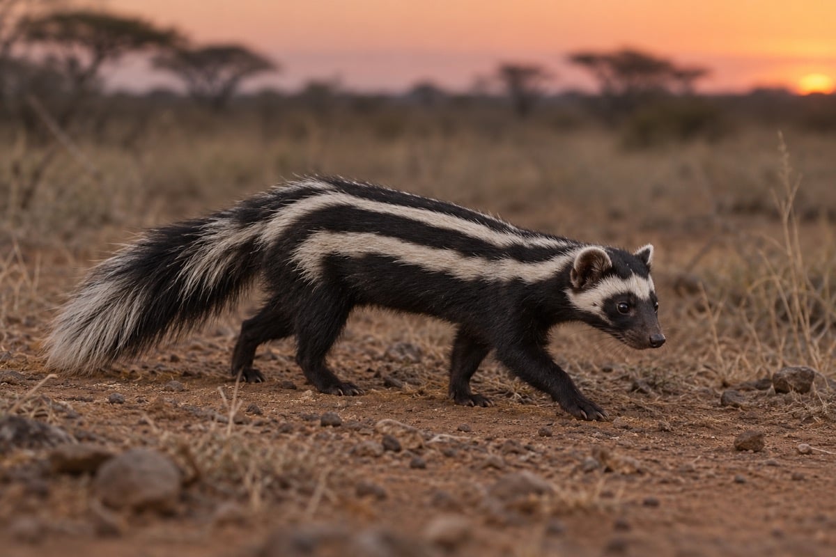 Zorilla with white back stripes and facial patches walking through savanna at dusk